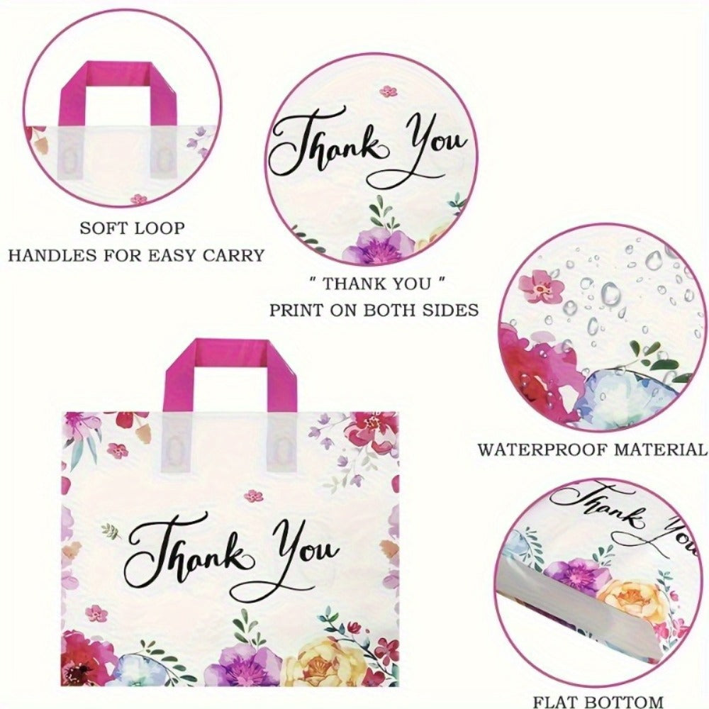 Fifty-Piece Floral Thank You Gift Bag Set with Soft Loop Handles and Printed Front and Back Panels