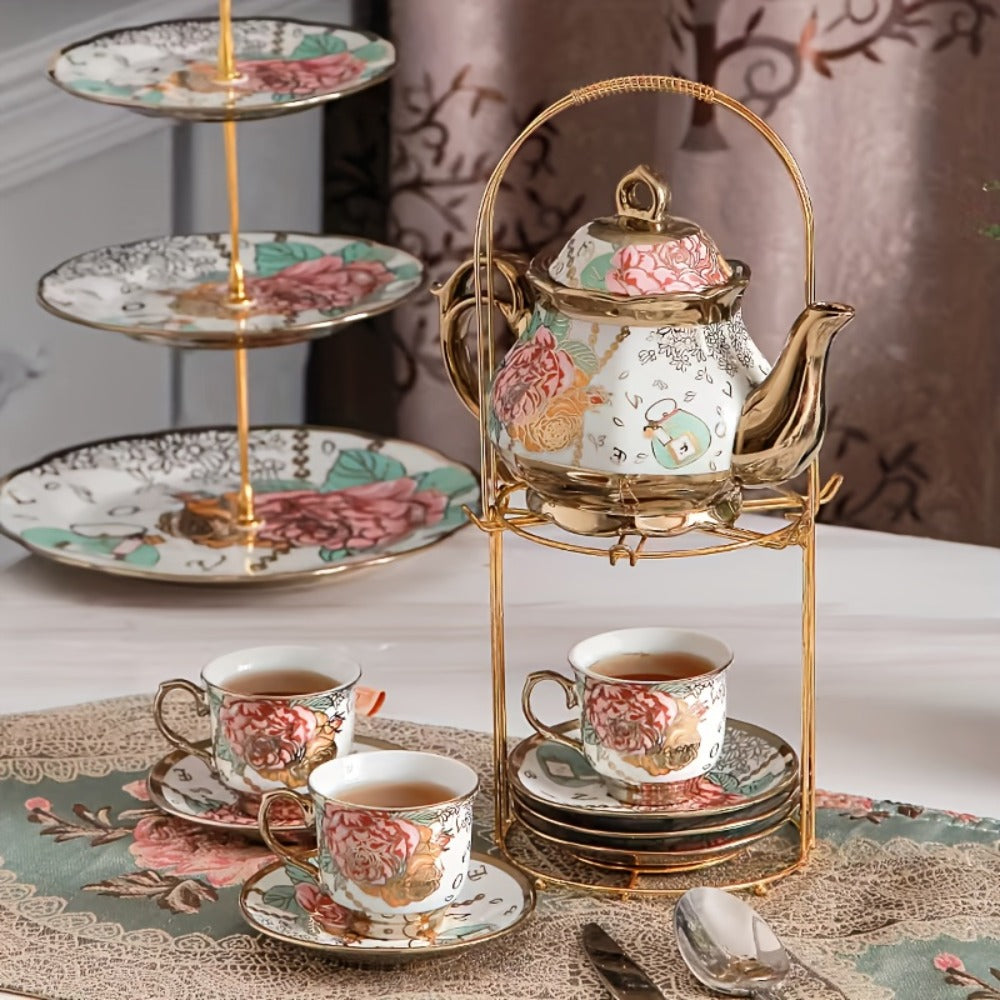 Twenty-Piece Floral Ceramic Tea Set with 15-Ounce Teapot, Six Cups, Saucers, Spoons and Gold Rack