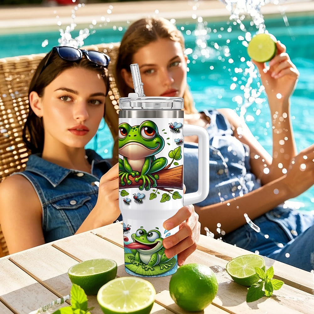 Frog Print Water Bottle Tumbler with Handle, Clear Foldable Straw and 16oz or 40oz Capacity Options