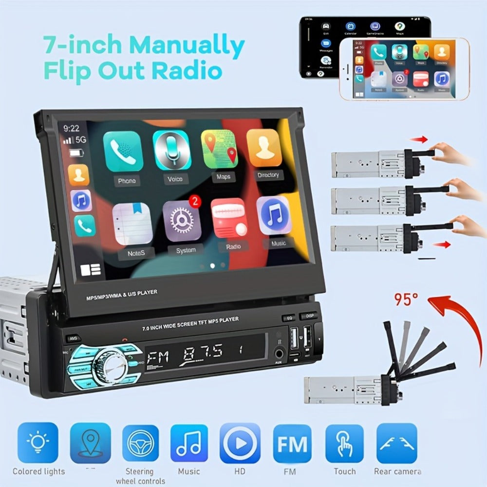 Single Din Car Stereo 7 Inch Flip Out Touchscreen - Wireless CarPlay & Android Auto, 1080P HD, FM Radio, SWC, Voice Control, USB/Type-C/AUX, Backup Camera Compatible