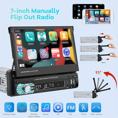 Single Din Car Stereo 7 Inch Flip Out Touchscreen - Wireless CarPlay & Android Auto, 1080P HD, FM Radio, SWC, Voice Control, USB/Type-C/AUX, Backup Camera Compatible
