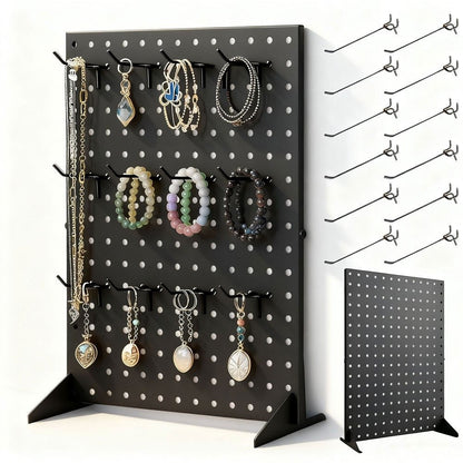 Pegboard Jewelry Display Stand with Iron-Labeled Perforated Panel, Two Feet and 12 Removable Hooks
