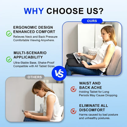 Soft Foldable Tablet Pillow Stand in Black or Blue with Three Viewing Faces, Storage Pockets and 242 × 186 × 290 mm Label