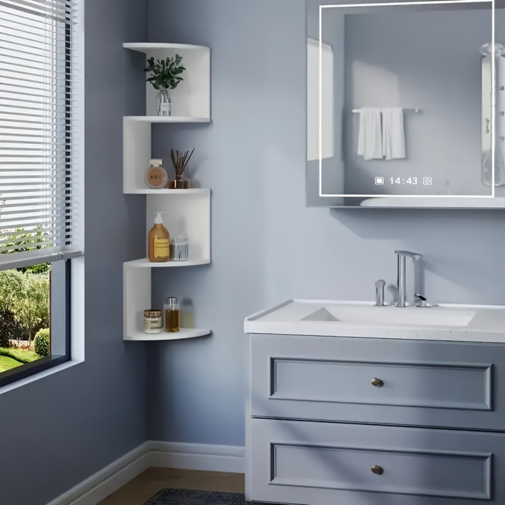 5-Tier Wall-Mounted Corner Shelf – Space-Saving Floating Storage Organizer in White Acrylic for Bathroom, Living Room, Bedroom, Kitchen & Office, Decorative Corner Rack & Versatile Room Organizer
