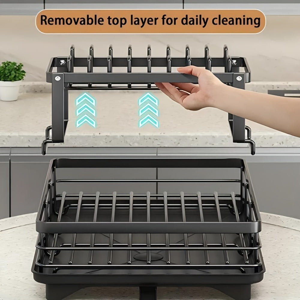 2-Tier Dish Drying Rack with Drainboard & Mat – Metal Dish Rack for Kitchen Counter with Knife Fork Cup Holder