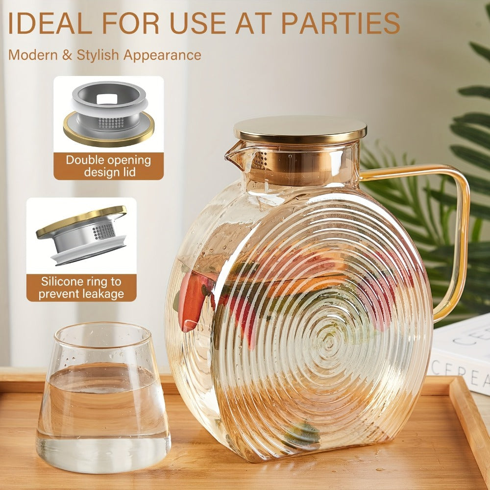 Borosilicate Glass Pitcher with Lid for Fridge, 2.5L/84oz Large Iced Tea Pitcher with Handle, Water Jug for Sun Tea, Lemonade, Fruit Juice, Cold & Hot Beverages, Golden & Grey