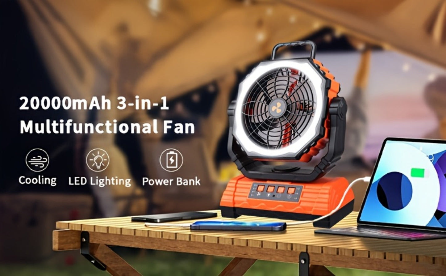 20000mAh-Label Four-Speed Dual-Motor Camping Fan with Remote, Hook and Four Lantern Panels