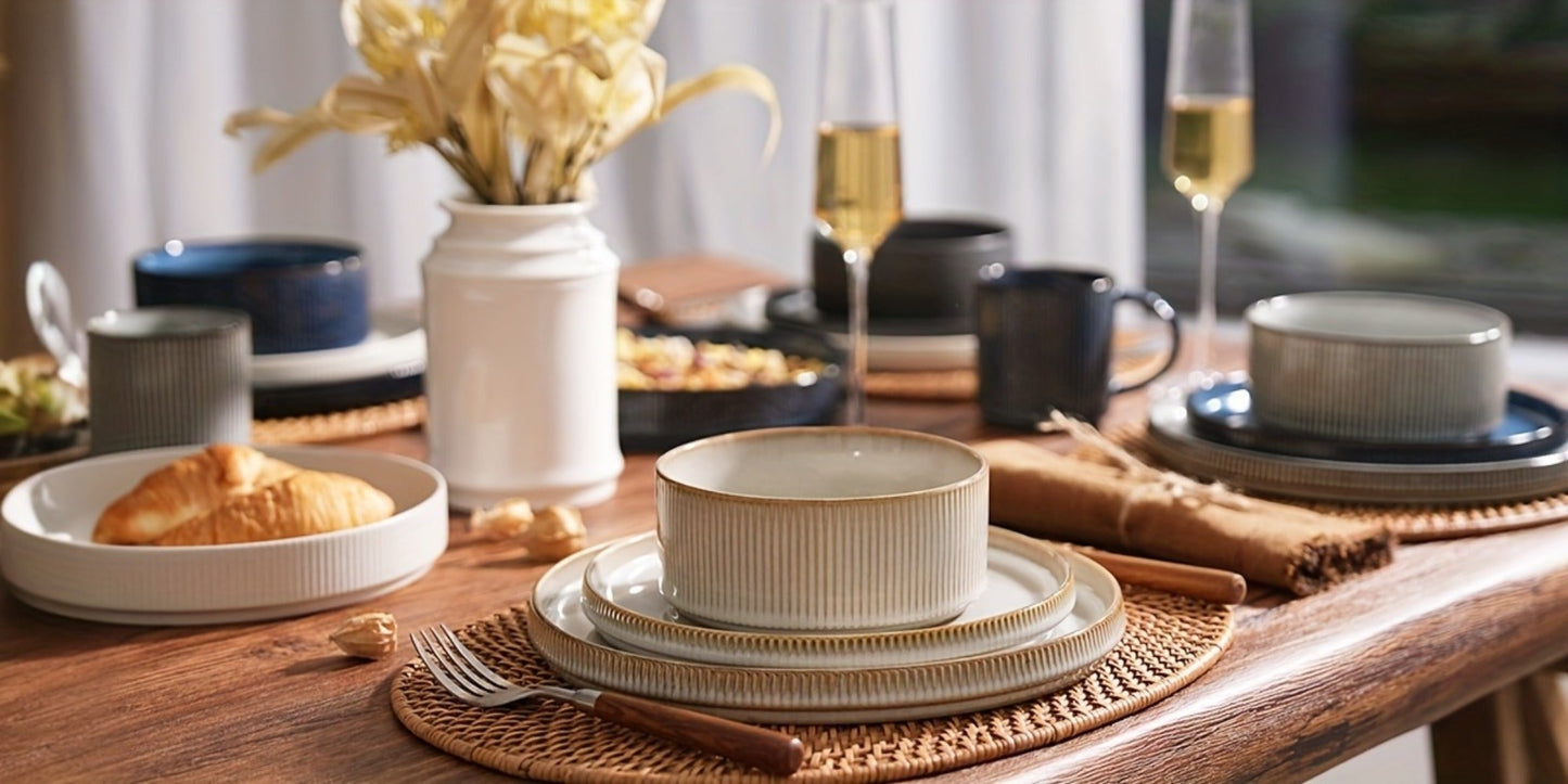 12-Piece Ribbed Dinnerware Set for Four with Dinner Plates, Salad Plates and Cereal Bowls in Two Cream Tones