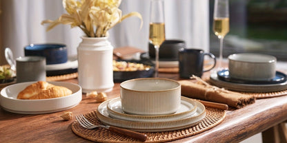 12-Piece Ribbed Dinnerware Set for Four with Dinner Plates, Salad Plates and Cereal Bowls in Two Cream Tones