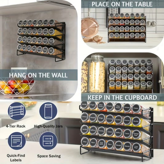 Spice Rack Organizer with 28 Jars, 386 Pre-Printed Labels, Chalk Marker & Funnel — Wall Mount, Cabinet, Countertop & Pantry Spice Storage | 13.4"W × 10.8"H | Black