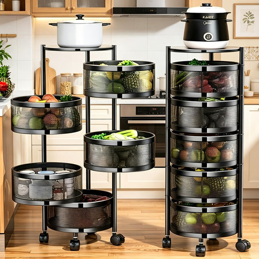 Rolling Storage Cart with Wheels 5-Tier 360° Rotating Kitchen Organizer Basket, No Assembly Space-Saving Floor Standing Bin for Kitchen Pantry Bathroom Bedroom Fruits Vegetables Home Organization