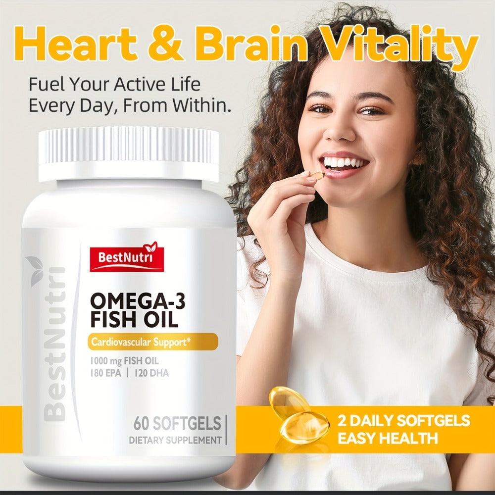 Omega-3 Fish Oil 2000mg Softgels with EPA & DHA — Cold-Extracted CGMP Certified | Brain Vitality Heart Health Anti-Inflammatory Support | For Adults & Young Adults | 60 or 90 Softgels