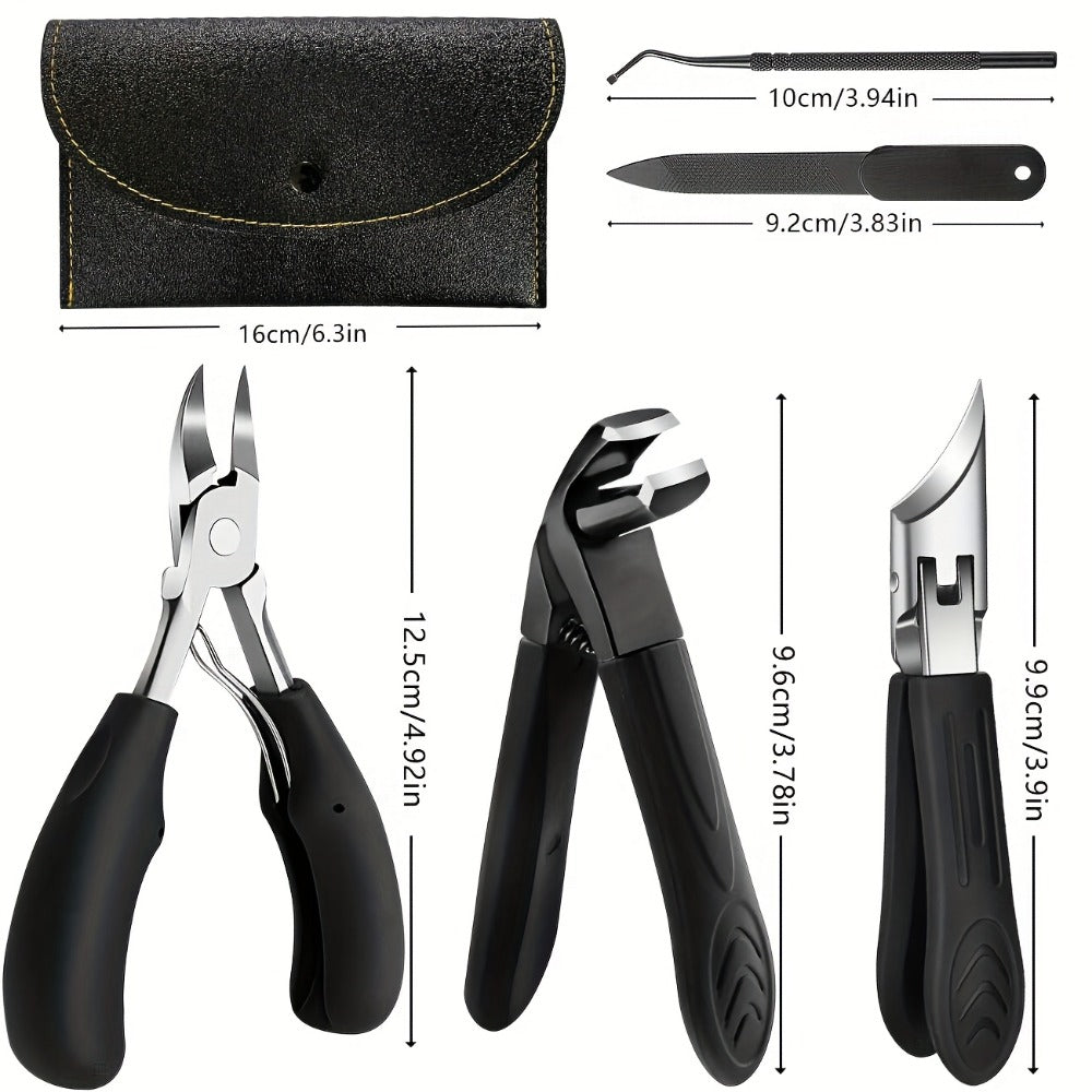 Wide-Jaw Nail Clipper Set, Six-Piece Black-Handle Kit with Curved, Slanted and Narrow Tools, Lifter, File and Storage Pouch