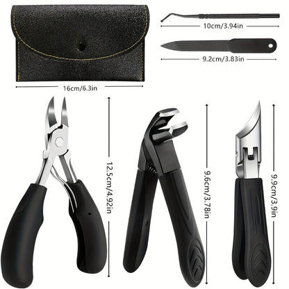 Wide-Jaw Nail Clipper Set, Six-Piece Black-Handle Kit with Curved, Slanted and Narrow Tools, Lifter, File and Storage Pouch