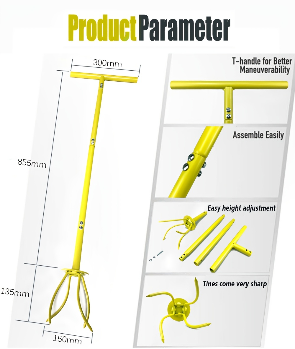 Manual Twist Tiller with Four Curved Soil Claws, Three-Section T-Handle and Yellow or Orange Options