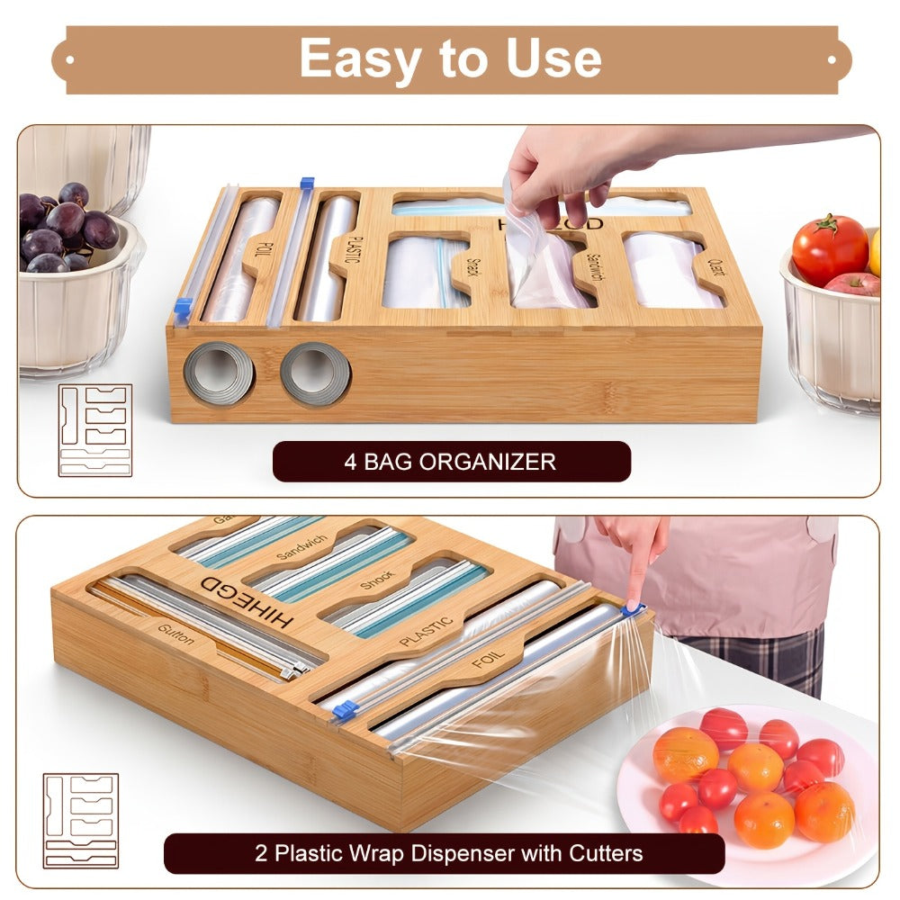 Bamboo Wrap Dispenser Kitchen Organizer 6-in-1 Bag Storage Box with Dual Cutters for Drawer or Wall