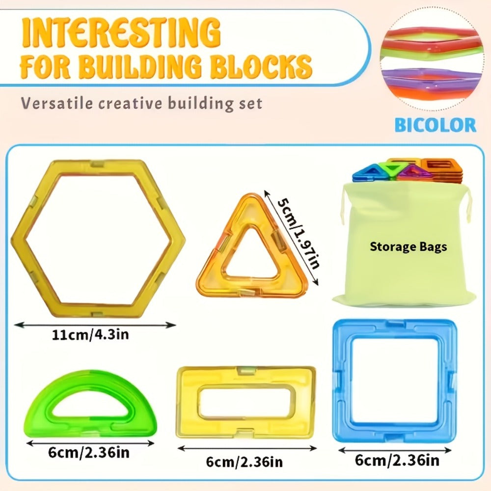 Magnetic Tiles 67-Piece Bicolor Open-Frame Geometry Building Set with Curves, Squares and Triangles
