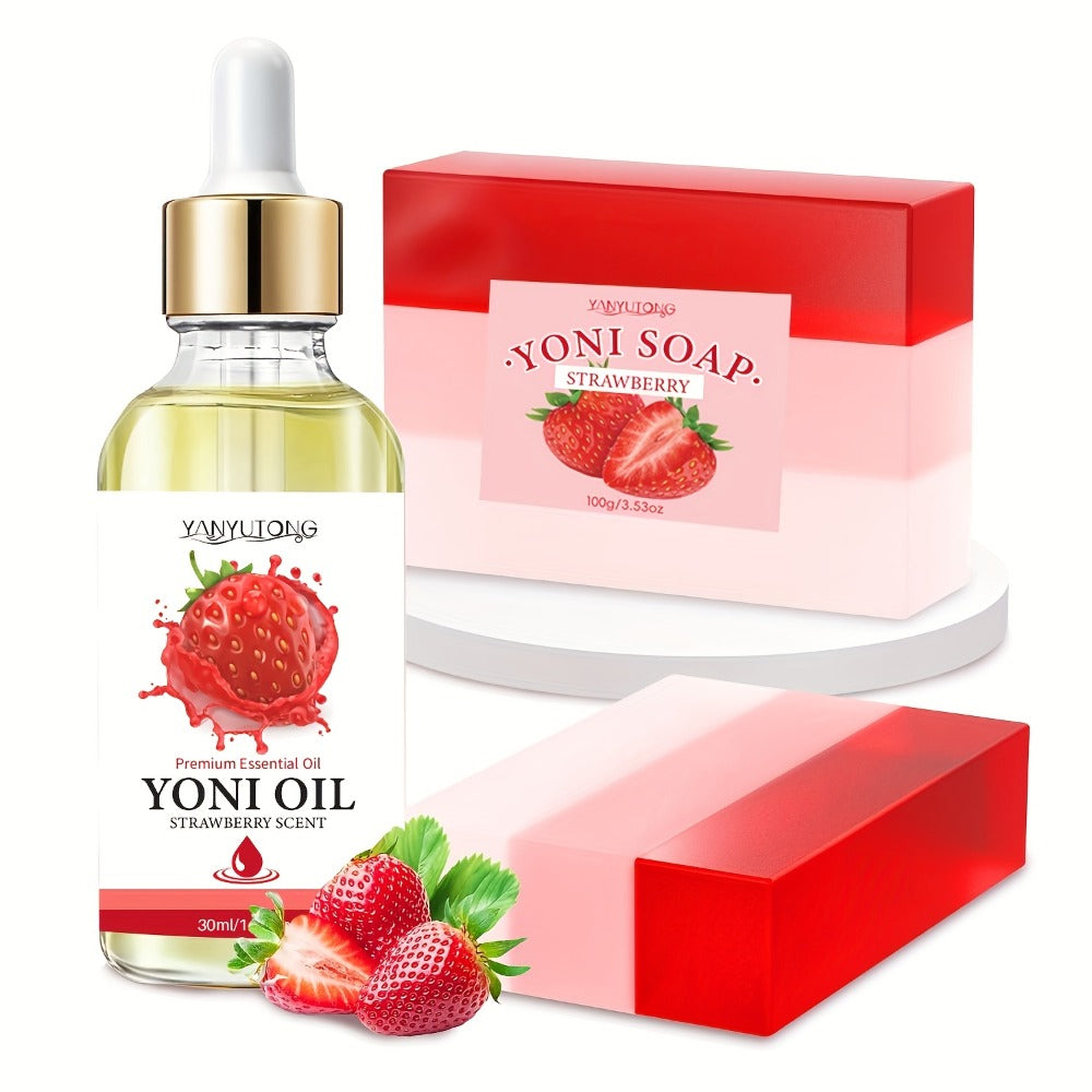 Strawberry Yoni Bath Set 4pcs for Women – Scented Yoni Oil & Soap Feminine Hygiene Kit pH Balance Odor Control Moisturizing Intimate Care Gift Set