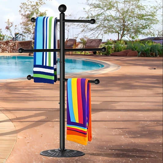 Pool Towel Rack Freestanding Outdoor – 3-Bar Iron Towel Stand with Hooks, Windproof Wide Base, No Sand Needed, Rust-Resistant for Poolside Hot Tub Spa Beach Bathroom Patio