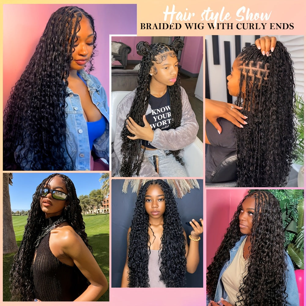 Thirty-Six-Inch Bohemian Square-Braid Wig with Curly Ends and Four Black, Blonde or Burgundy Options