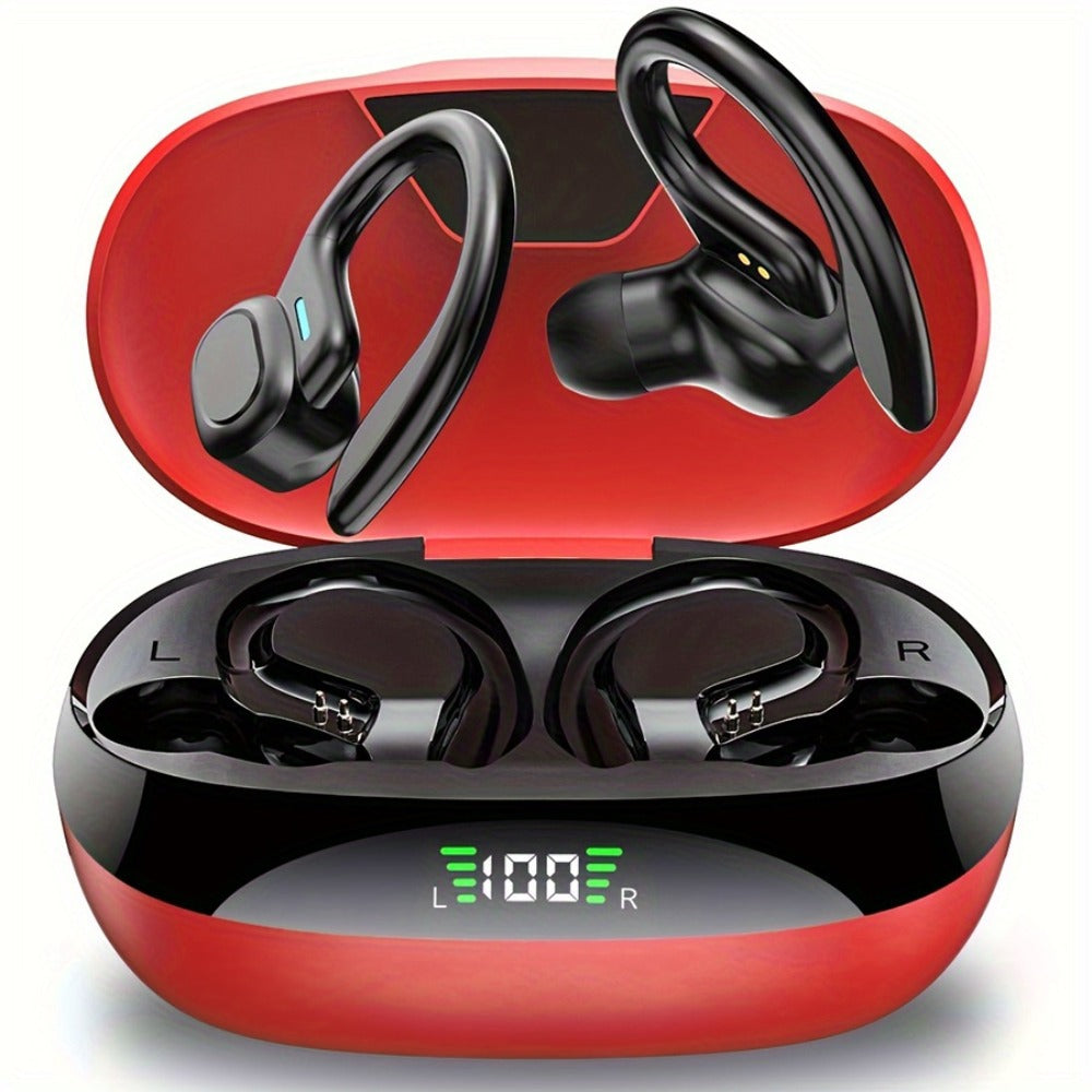 Wireless Earbuds Bluetooth 5.4 Sport Earhooks with LED Battery Display in Black, Red or Blue