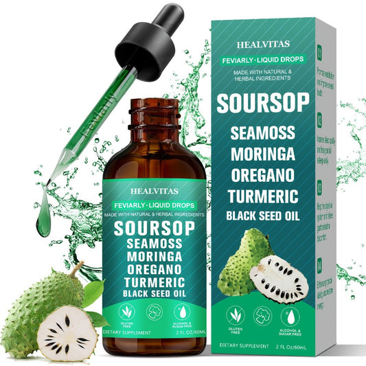 Soursop Bitters Liquid Drops 10-in-1 with Sea Moss Ashwagandha Moringa Turmeric Black Seed Oil — Plant-Based Immune & Energy Herbal Extract | Sugar-Free | 2.03 fl oz