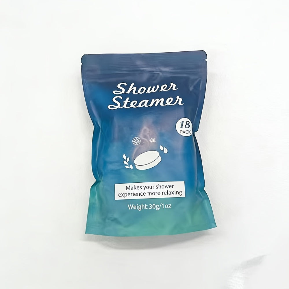 Eighteen Individually Wrapped Shower Steamers with Six Fragrance Labels and 30 g Tablet Packaging
