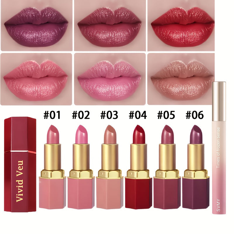 Lipstick Set, Vivid Veu 6-Piece Glossy Cream Bullet Collection with Pink, Rose, Berry and Mauve Colors
