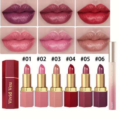 Lipstick Set, Vivid Veu 6-Piece Glossy Cream Bullet Collection with Pink, Rose, Berry and Mauve Colors