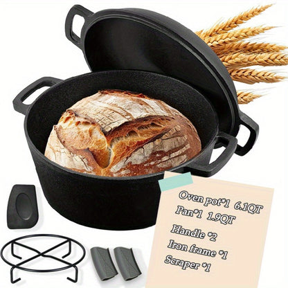 6-Piece Cast Iron Dutch Oven Set with 6.1QT Pot, 1.9QT Skillet Lid, Handle Covers, Support Frame and Scraper