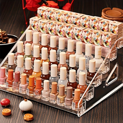 Four-Tier Transparent Nail Polish Organizer with Stepped Rows, Side Panels and Countertop Display Design