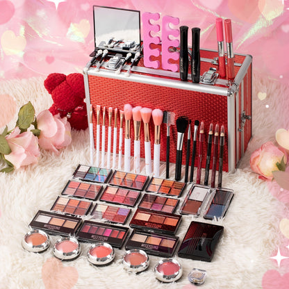 Professional Makeup Kit with Aluminum Travel Case & Mirror – Full Set Eyeshadow Blush Lipstick Foundation Eyeliner Mascara & Brushes, Gift for Women Girls Beginners, Silver & Red