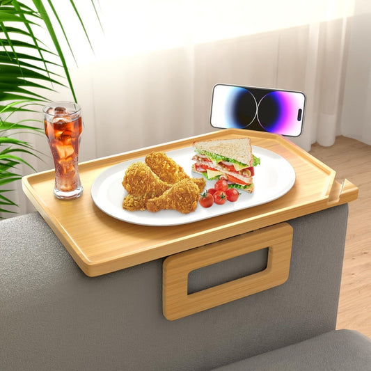 Bamboo Sofa Arm Tray with Folding Legs – Clip-On Couch Armrest Table for Snacks Drinks Remote Control Living Room Bedroom Breakfast Tray Natural Rectangular