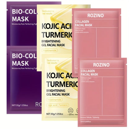Face Mask, ROZINO 15-Piece Collagen Sheet Assortment with Bio-Collagen and Kojic Acid Turmeric Packets