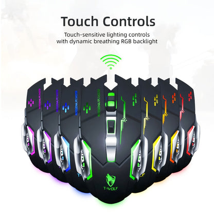 Wireless Gaming Mouse RGB Rechargeable T-WOLF 2.4GHz Ergonomic Large Mouse for PC Laptop Tablet Mac Chromebook Adjustable DPI Quiet Click Work Gaming Study Back to School Gift