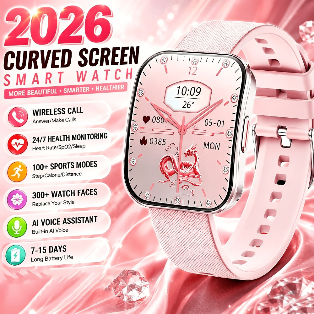 Curved Screen Smartwatch 1.85 Inch Full Touch Calling Messaging Music Camera Control Fitness Tracker Heart Rate Sleep Multiple Sport Modes Android iPhone Compatible Women Men Outdoor Lighting Version Black Pink