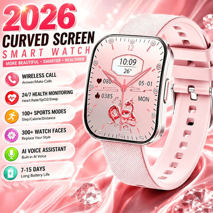 Curved Screen Smartwatch 1.85 Inch Full Touch Calling Messaging Music Camera Control Fitness Tracker Heart Rate Sleep Multiple Sport Modes Android iPhone Compatible Women Men Outdoor Lighting Version Black Pink