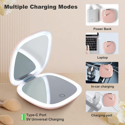 Makeup Mirror Foldable Dual-Sided Compact with Three Light Colors, Touch Brightness, USB-C Charging and Pink or White Finish