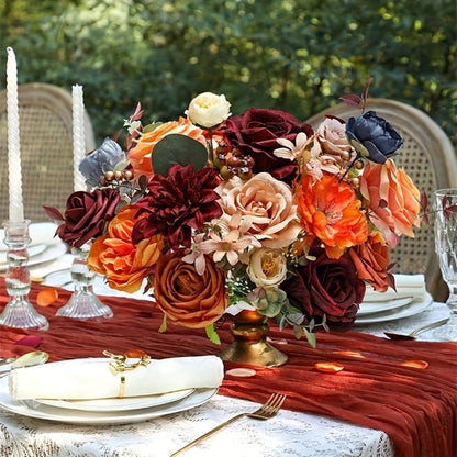 Artificial Flowers Bouquet Set – Foam Roses for Wedding, Fall Halloween Valentine's Day Table Decor, Orange Wine Red Blue