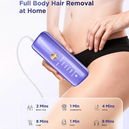 LEFINEE IPL Hair Removal Device in Violet with Five Intensity Indicators, Manual and Auto Labels and Display Controls
