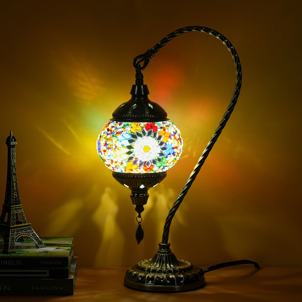 Mosaic Table Lamp Turkish Moroccan Style Handmade Swan Neck Glass Bedside Lamp 3 Color Modes LED Bulb Included Metal Base for Bedroom Living Room