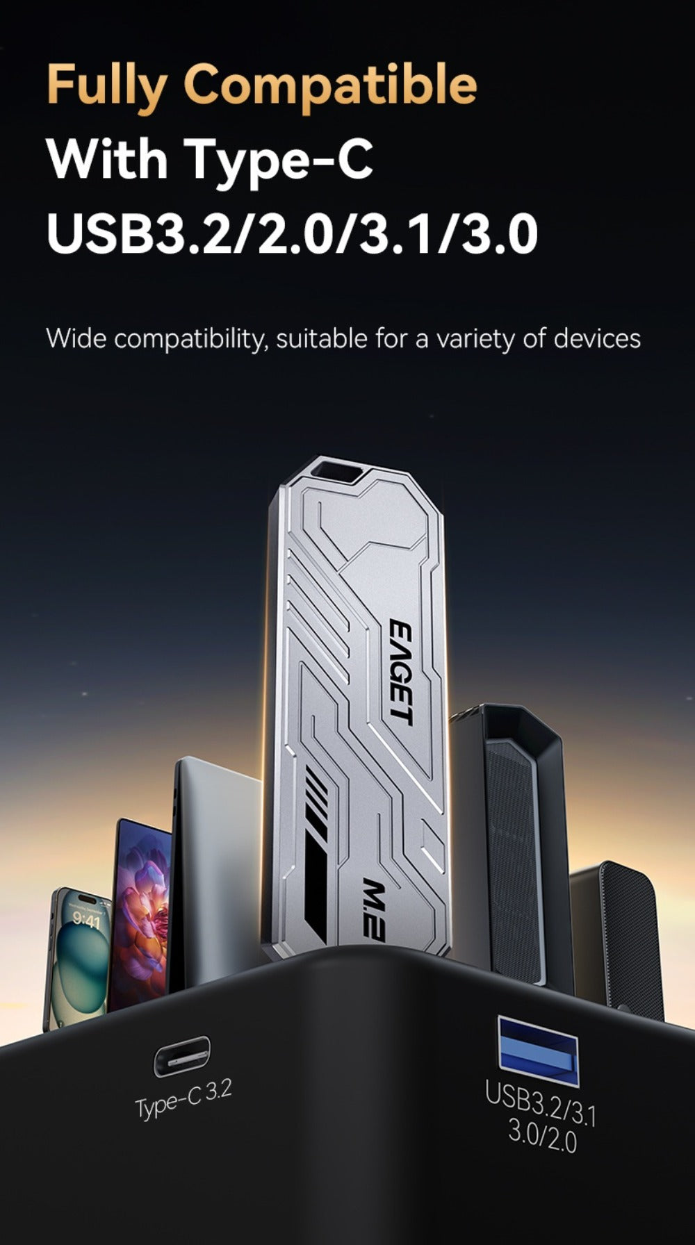 SE910D NVMe SSD Enclosure USB-C 10Gbps – Aluminum M.2 PCIe & NGFF SATA External Case, USB 3.2 Gen 2 Type-C Adapter, Portable Solid State Drive Enclosure for PC, Mac, Laptop