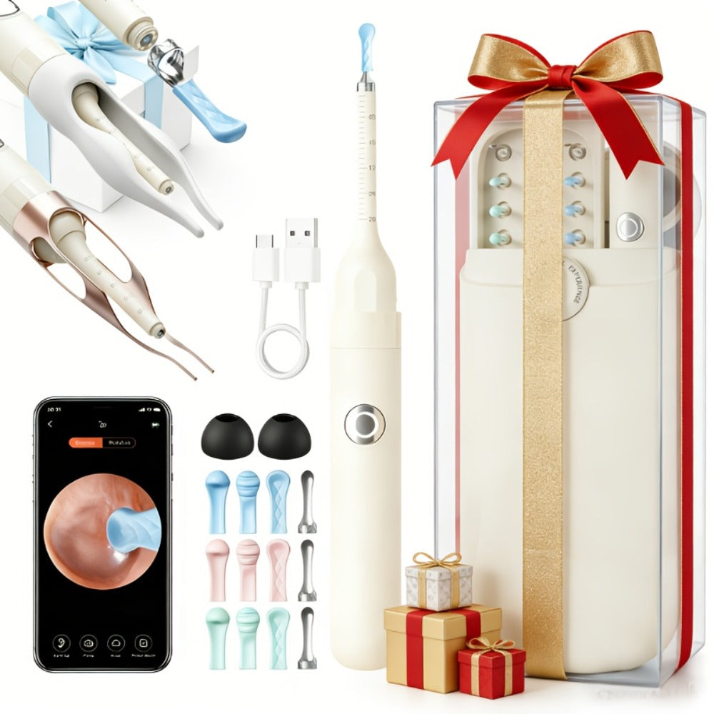 Rechargeable Camera Ear Cleaning Set with LED Light, Silicone Tips, Storage Case and Creamy White or Blue Finish