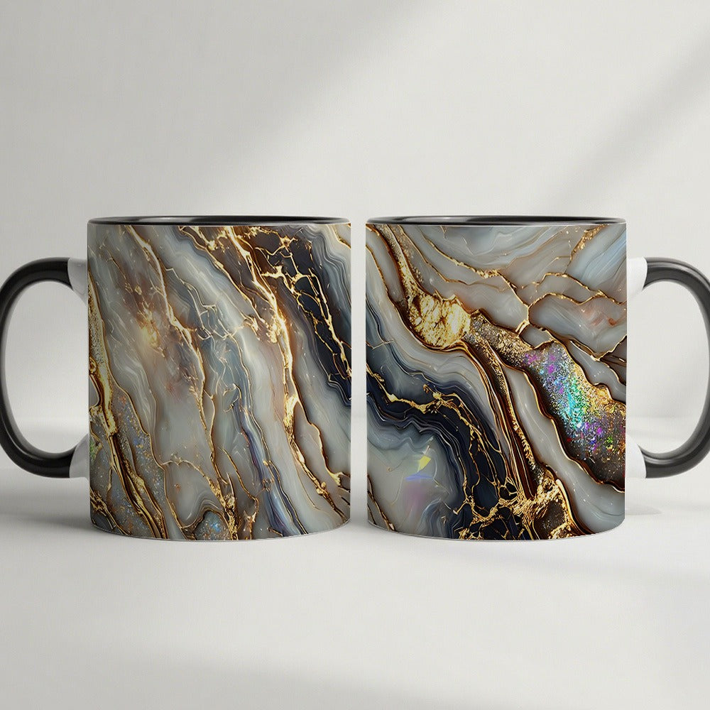 11oz Ceramic Coffee Mug with Agate Vein Print, Black Interior and Black, White or Pink Handle Options