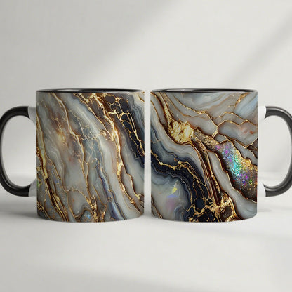 11oz Ceramic Coffee Mug with Agate Vein Print, Black Interior and Black, White or Pink Handle Options