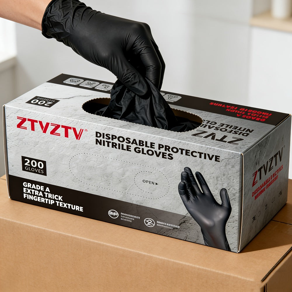 ZTVZTV Black Nitrile Disposable Gloves in 200-Piece Packs with Four Size Options from S to XL
