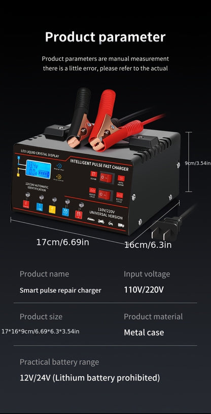 AF01 12 V and 24 V Battery Charger with LCD Display, Alligator Clamps, Carry Handle and Cooling Fan