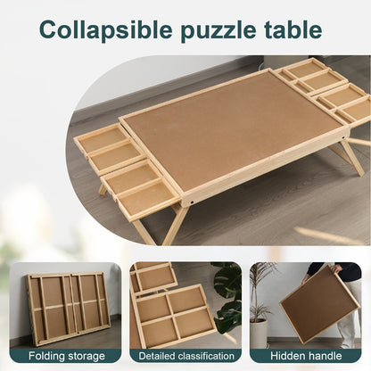 Foldable Wooden Jigsaw Puzzle Table with 4 Storage Drawers, 16 Sorting Grids and Natural-Color 1000-Piece Work Surface