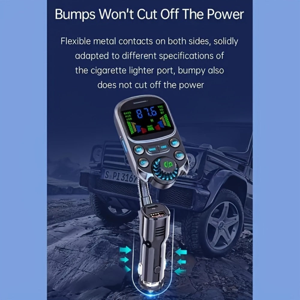 Flexible-Neck Car FM Transmitter with Color Display, USB-C and USB-A Ports, AUX Input and Call Controls