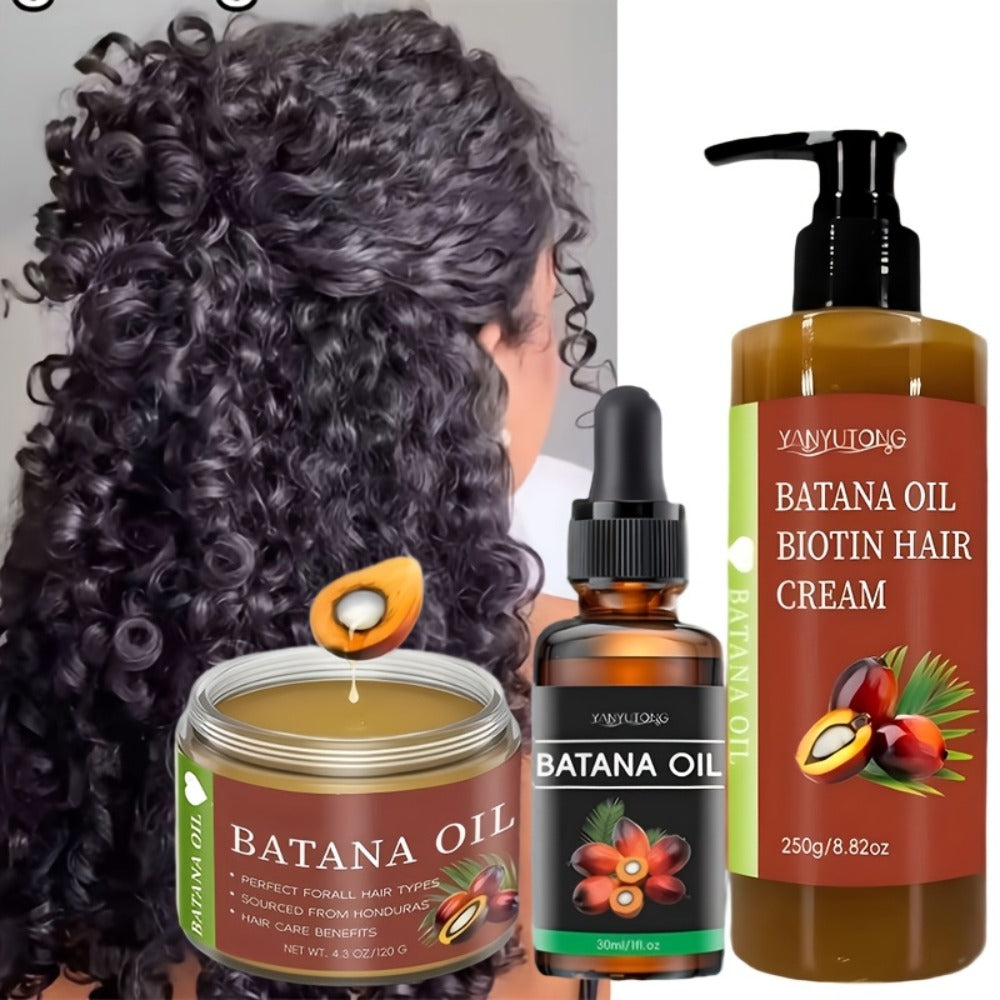 Three-Piece Batana Oil and Biotin Hair Care Set with Pump Cream, Dropper Bottle and Balm Formats